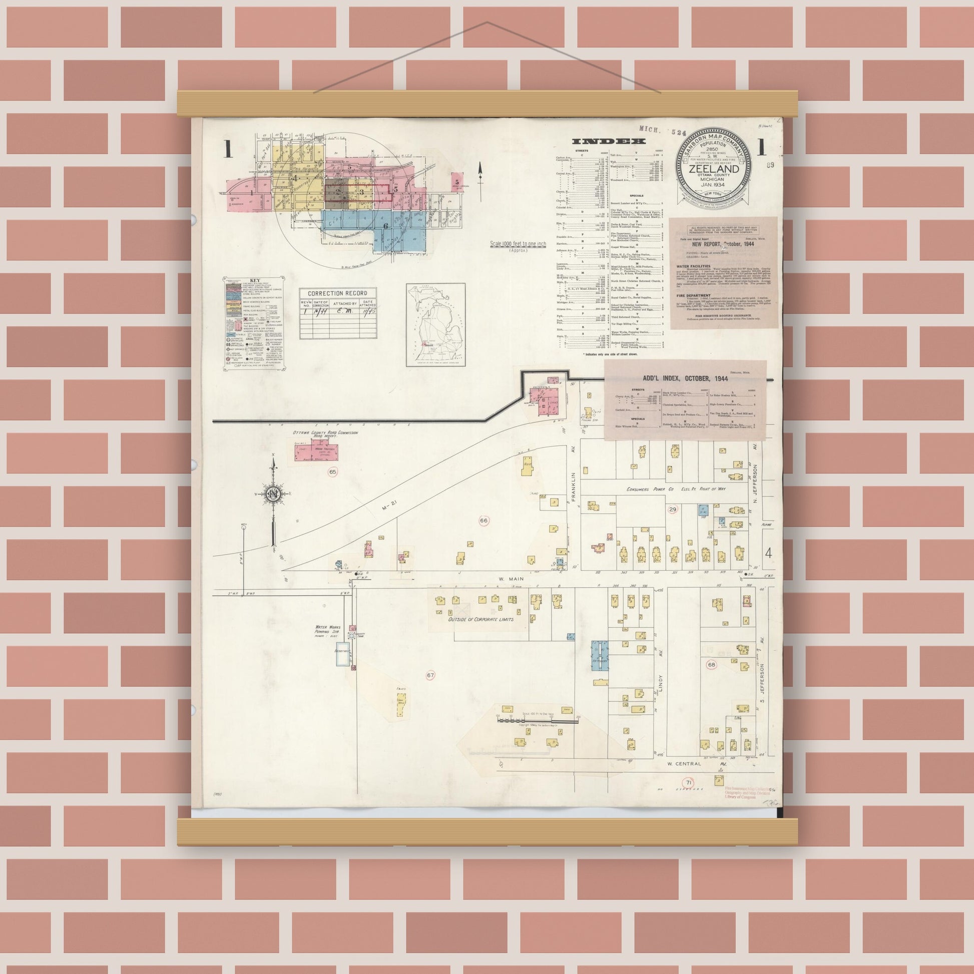 Old map wall art mockup — magnetic wood frame on brick wall — Sanborn Fire Insurance Map from Zeeland, Ottawa County, Michigan (1944), Sheet #0001