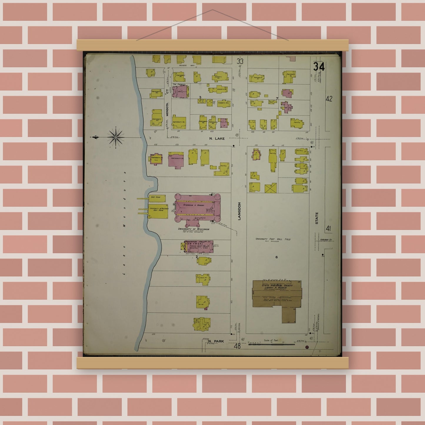 Old map wall art mockup — magnetic wood frame on brick wall — Sanborn Fire Insurance Map from Madison, Dane County, Wisconsin (1908), Sheet #0034