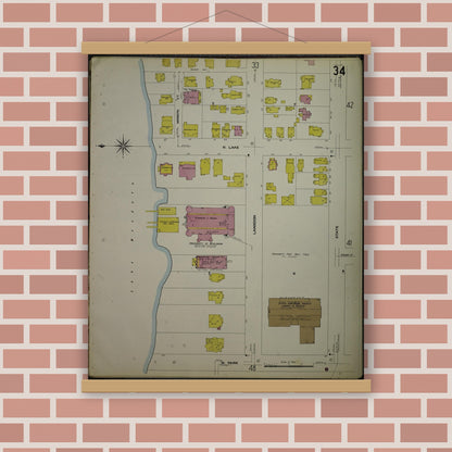 Old map wall art mockup — magnetic wood frame on brick wall — Sanborn Fire Insurance Map from Madison, Dane County, Wisconsin (1908), Sheet #0034