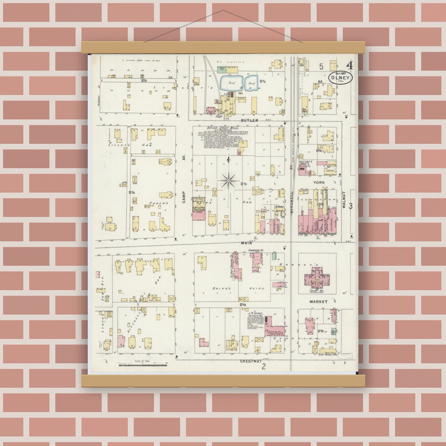 Old map wall art mockup — magnetic wood frame on brick wall — Sanborn Fire Insurance Map from Olney, Richland County, Illinois (1897), Sheet #0004