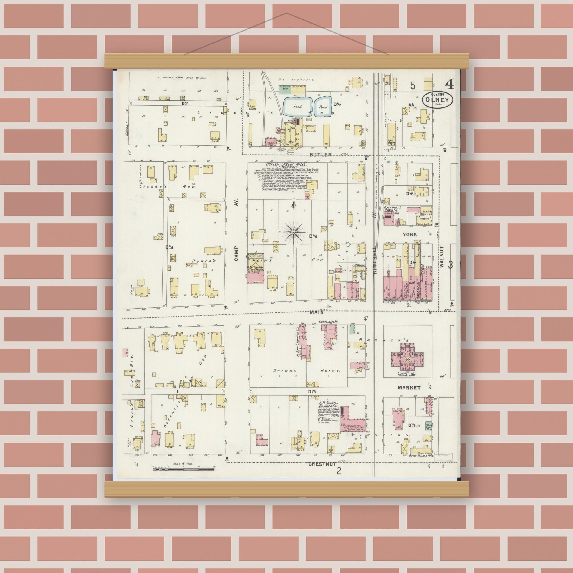 Old map wall art mockup — magnetic wood frame on brick wall — Sanborn Fire Insurance Map from Olney, Richland County, Illinois (1897), Sheet #0004