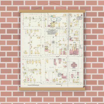 Old map wall art mockup — magnetic wood frame on brick wall — Sanborn Fire Insurance Map from Olney, Richland County, Illinois (1897), Sheet #0004