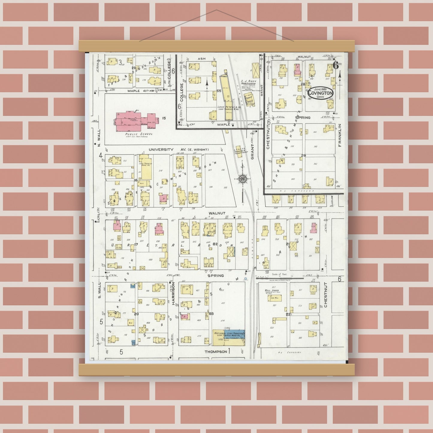 Old map wall art mockup — magnetic wood frame on brick wall — Sanborn Fire Insurance Map from Covington, Miami County, Ohio (1920), Sheet #0006