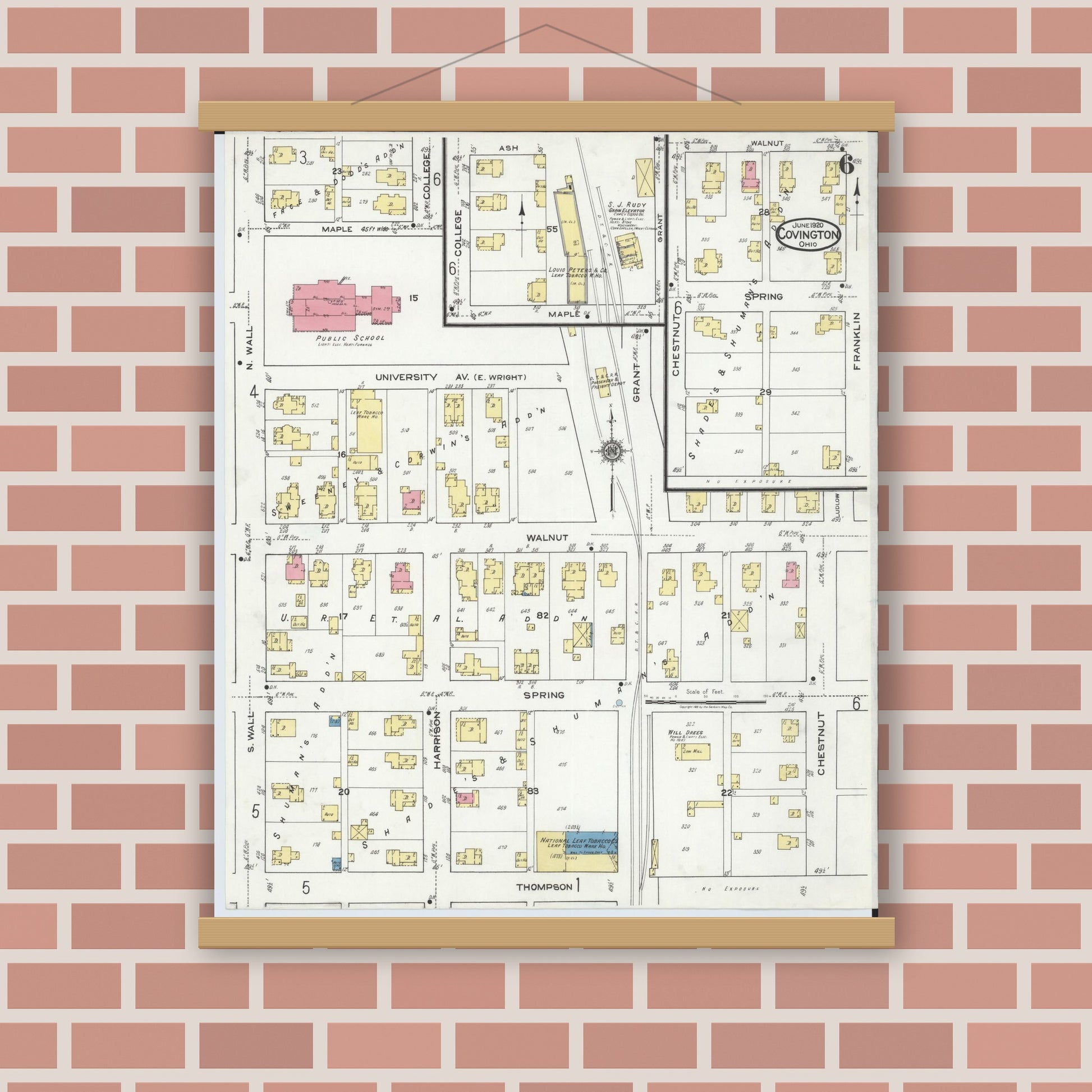 Old map wall art mockup — magnetic wood frame on brick wall — Sanborn Fire Insurance Map from Covington, Miami County, Ohio (1920), Sheet #0006