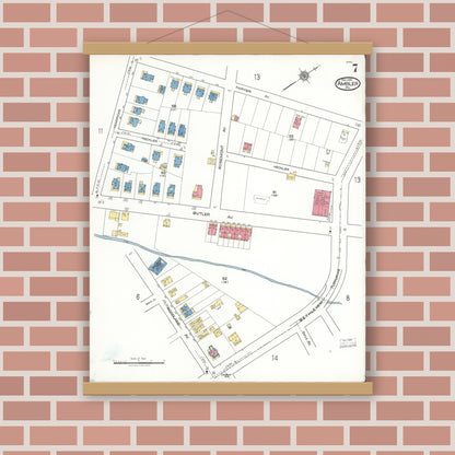 Old map wall art mockup — magnetic wood frame on brick wall — Sanborn Fire Insurance Map from Ambler, Montgomery County, Pennsylvania (1921), Sheet #0007