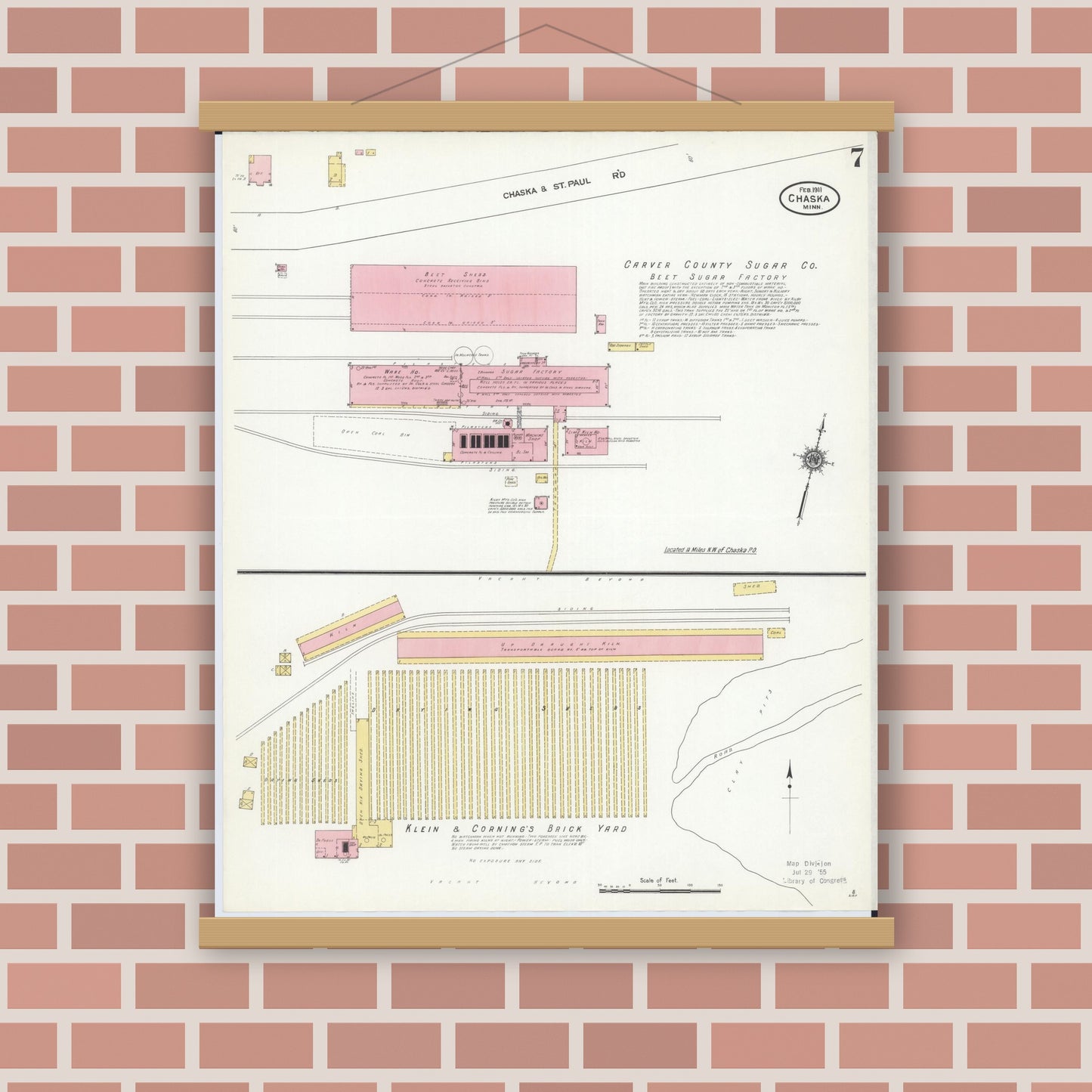 Old map wall art mockup — magnetic wood frame on brick wall — Sanborn Fire Insurance Map from Chaska, Carver County, Minnesota (1911), Sheet #0007