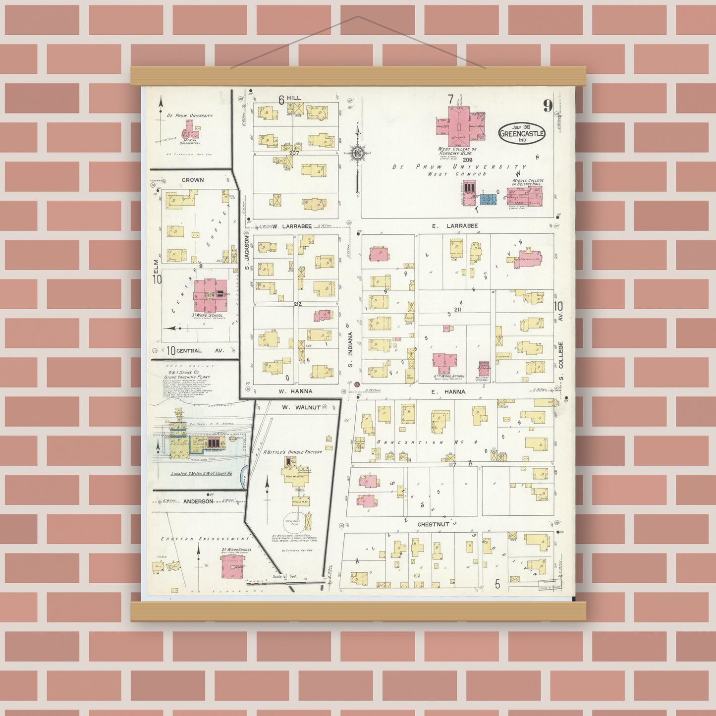 Old map wall art mockup — magnetic wood frame on brick wall — Sanborn Fire Insurance Map from Greencastle, Putnam County, Indiana (1913), Sheet #0009