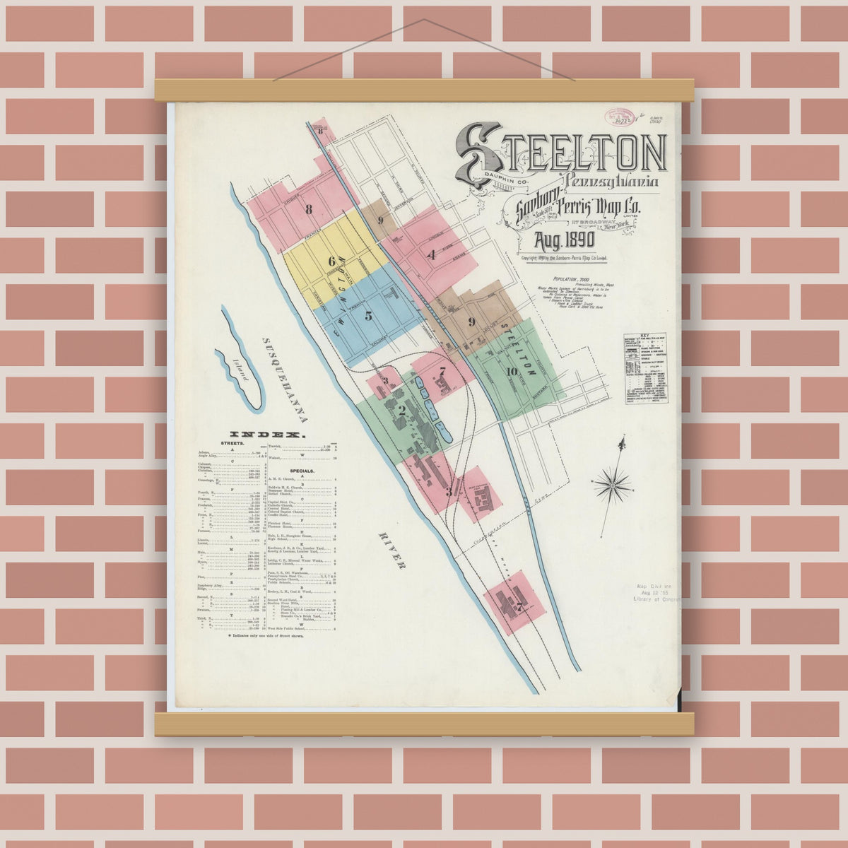 Old map wall art mockup — magnetic wood frame on brick wall — Sanborn Fire Insurance Map from Steelton, Dauphin County, Pennsylvania (1890) - Complete Map Set