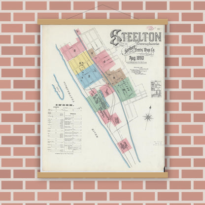 Old map wall art mockup — magnetic wood frame on brick wall — Sanborn Fire Insurance Map from Steelton, Dauphin County, Pennsylvania (1890) - Complete Map Set