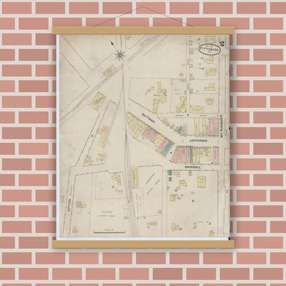 Old map wall art mockup — magnetic wood frame on brick wall — Sanborn Fire Insurance Map from Pittsburg, Camp County, Texas (1891), Sheet #0002
