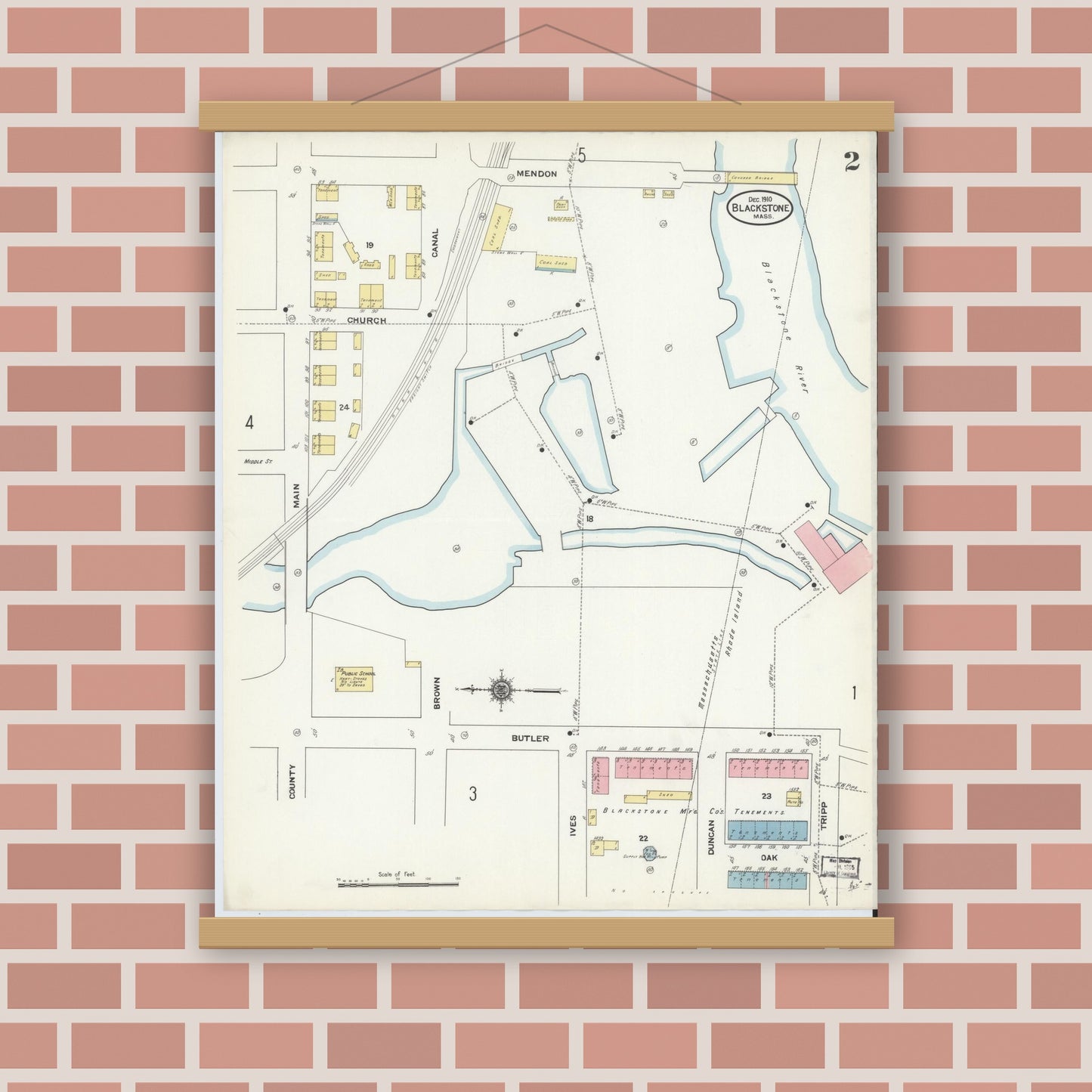 Old map wall art mockup — magnetic wood frame on brick wall — Sanborn Fire Insurance Map from Blackstone, Worcester County, Massachusetts (1910), Sheet #0002