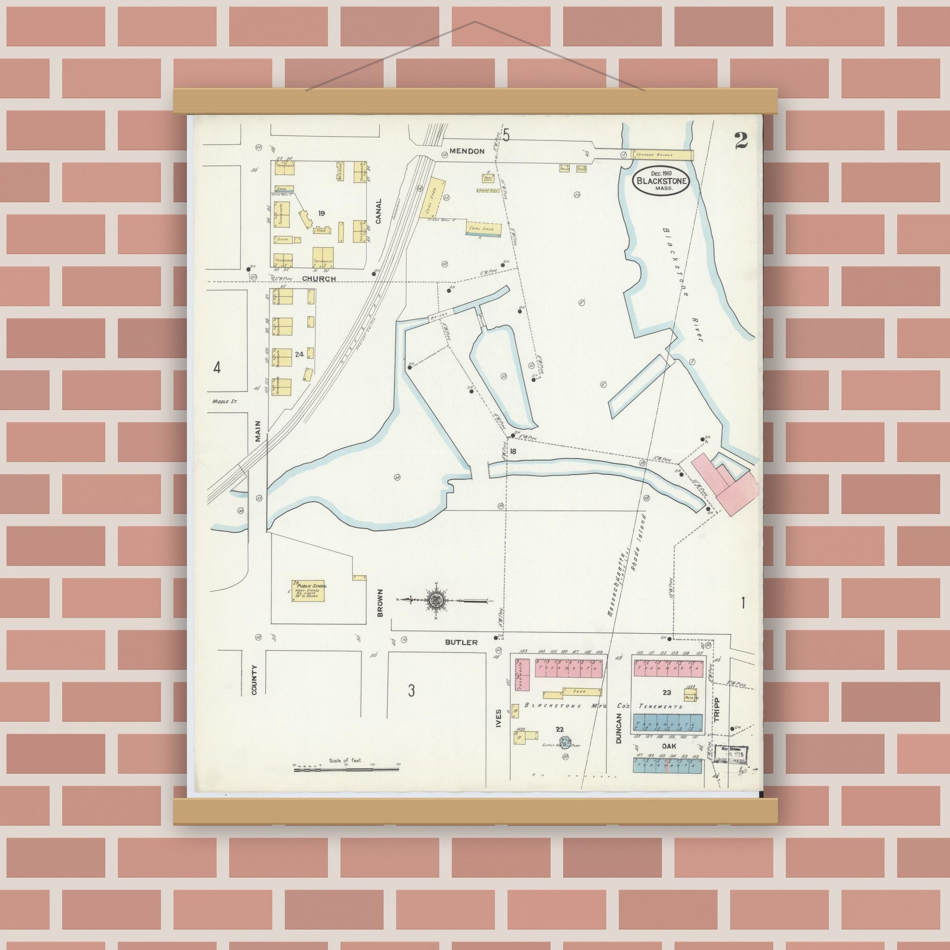 Old map wall art mockup — magnetic wood frame on brick wall — Sanborn Fire Insurance Map from Blackstone, Worcester County, Massachusetts (1910), Sheet #0002