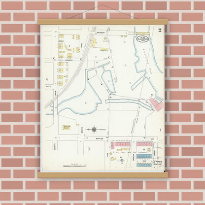 Old map wall art mockup — magnetic wood frame on brick wall — Sanborn Fire Insurance Map from Blackstone, Worcester County, Massachusetts (1910), Sheet #0002