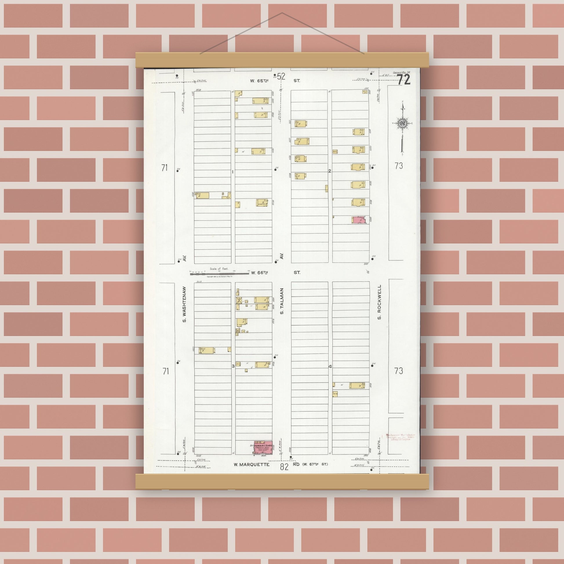 Old map wall art mockup — magnetic wood frame on brick wall — Sanborn Fire Insurance Map from Chicago, Cook County, Illinois (1920), Sheet #0072