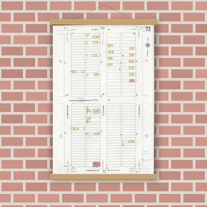 Old map wall art mockup — magnetic wood frame on brick wall — Sanborn Fire Insurance Map from Chicago, Cook County, Illinois (1920), Sheet #0072