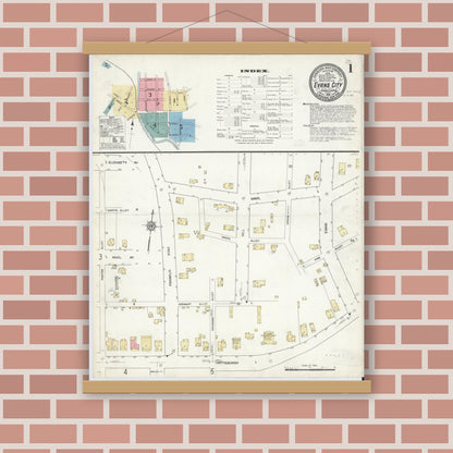 Old map wall art mockup — magnetic wood frame on brick wall — Sanborn Fire Insurance Map from Evans City, Butler County, Pennsylvania (1912), Sheet #0001