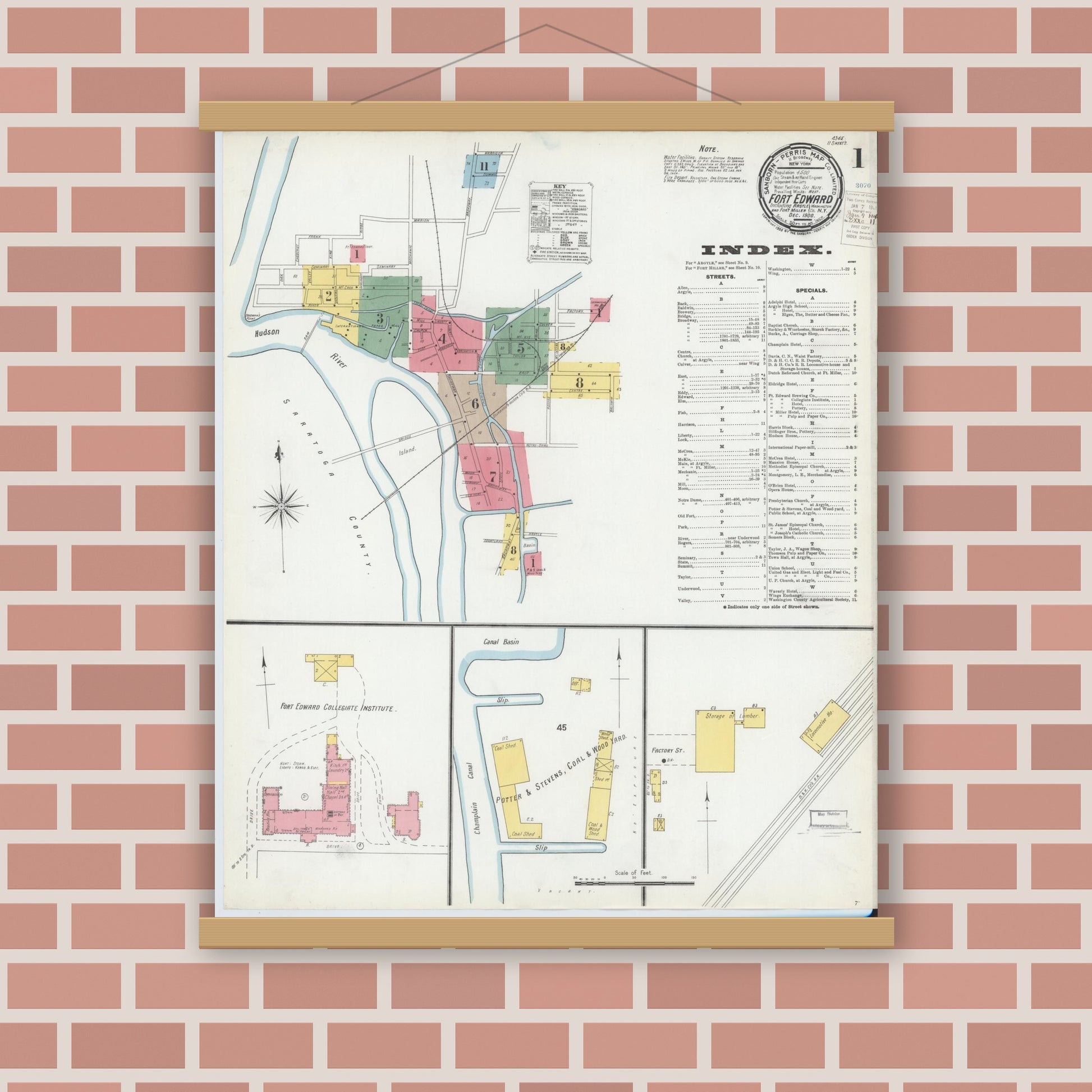 Old map wall art mockup — magnetic wood frame on brick wall — Sanborn Fire Insurance Map from Fort Edward, Washington County, New York (1900), Sheet #0001