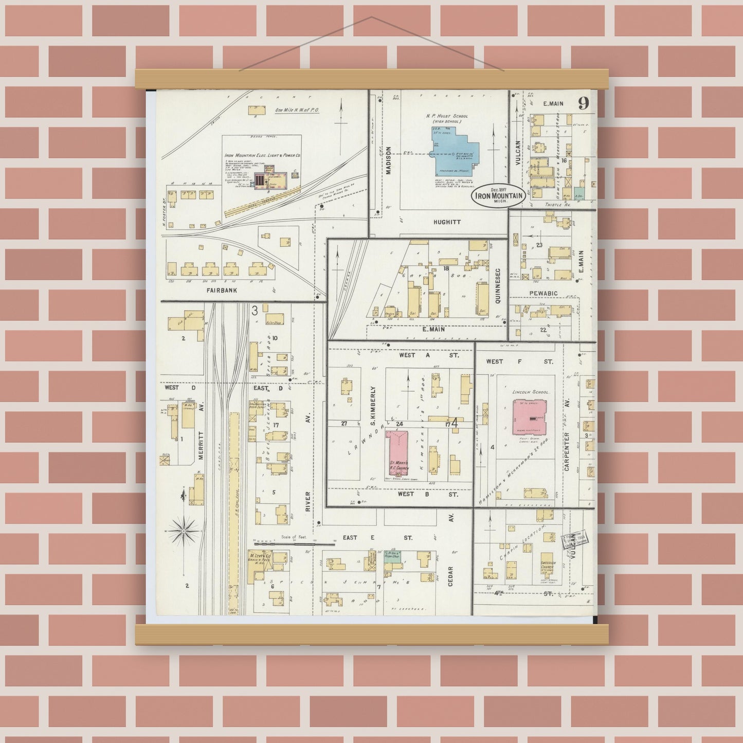 Old map wall art mockup — magnetic wood frame on brick wall — Sanborn Fire Insurance Map from Iron Mountain, Dickinson County, Michigan (1897), Sheet #0009