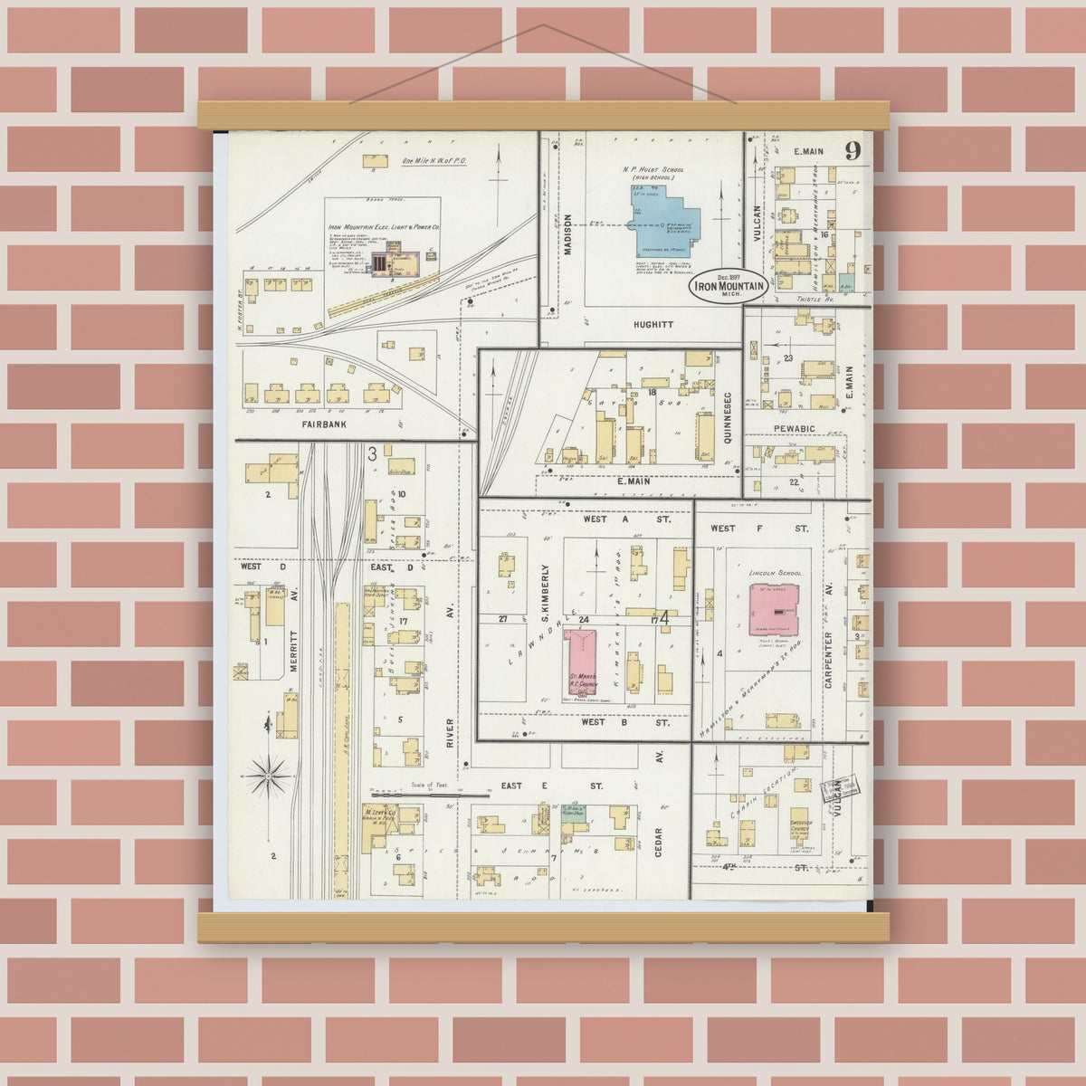 Old map wall art mockup — magnetic wood frame on brick wall — Sanborn Fire Insurance Map from Iron Mountain, Dickinson County, Michigan (1897), Sheet #0009
