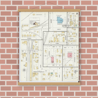 Old map wall art mockup — magnetic wood frame on brick wall — Sanborn Fire Insurance Map from Iron Mountain, Dickinson County, Michigan (1897), Sheet #0009
