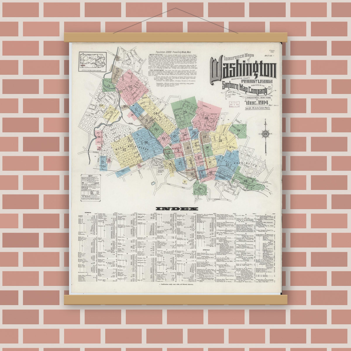 Old map wall art mockup — magnetic wood frame on brick wall — Sanborn Fire Insurance Map from Washington, Washington County, Pennsylvania (1914) - Complete Map Set