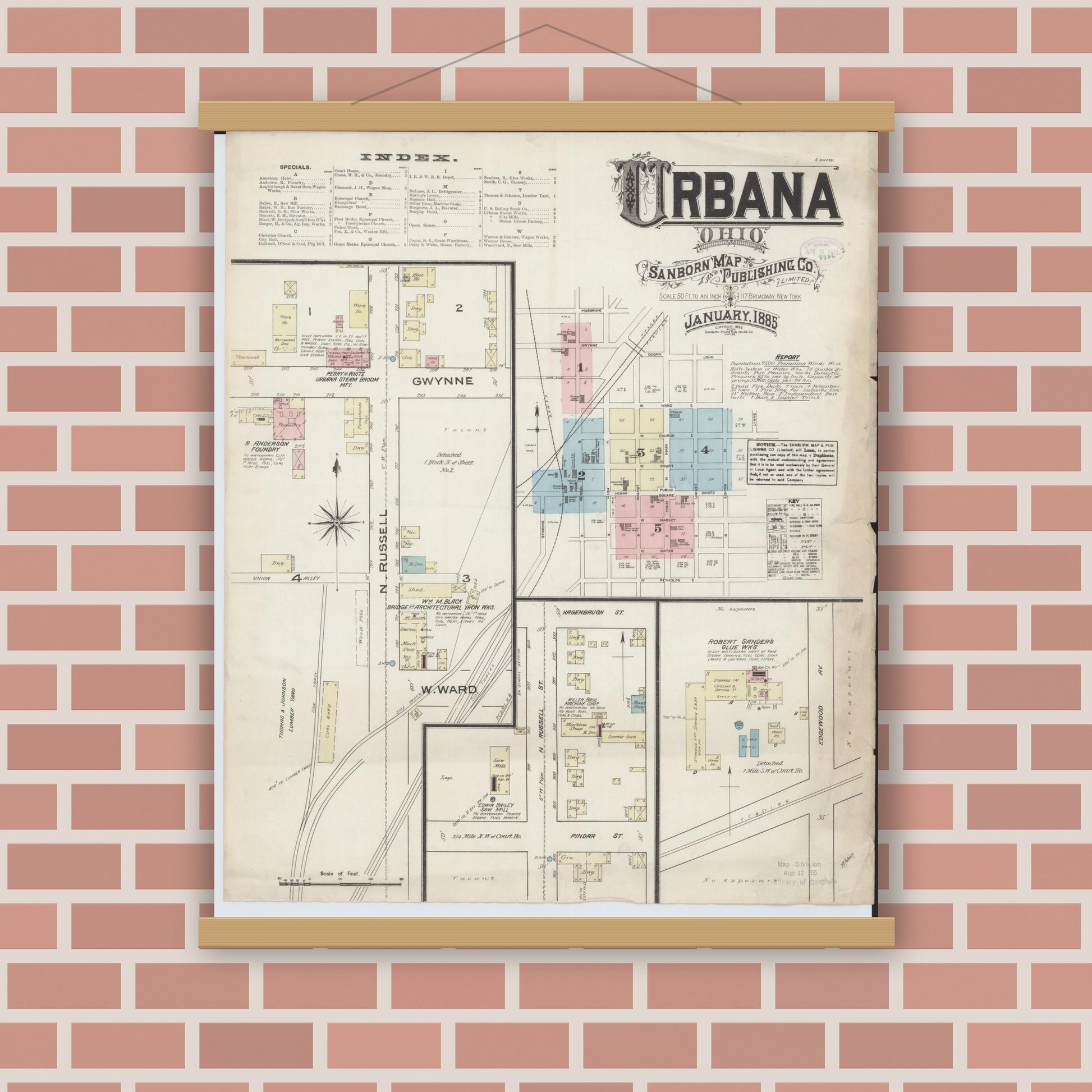 Old map wall art mockup — magnetic wood frame on brick wall — Sanborn Fire Insurance Map from Urbana, Champaign County, Ohio (1885) - Complete Map Set
