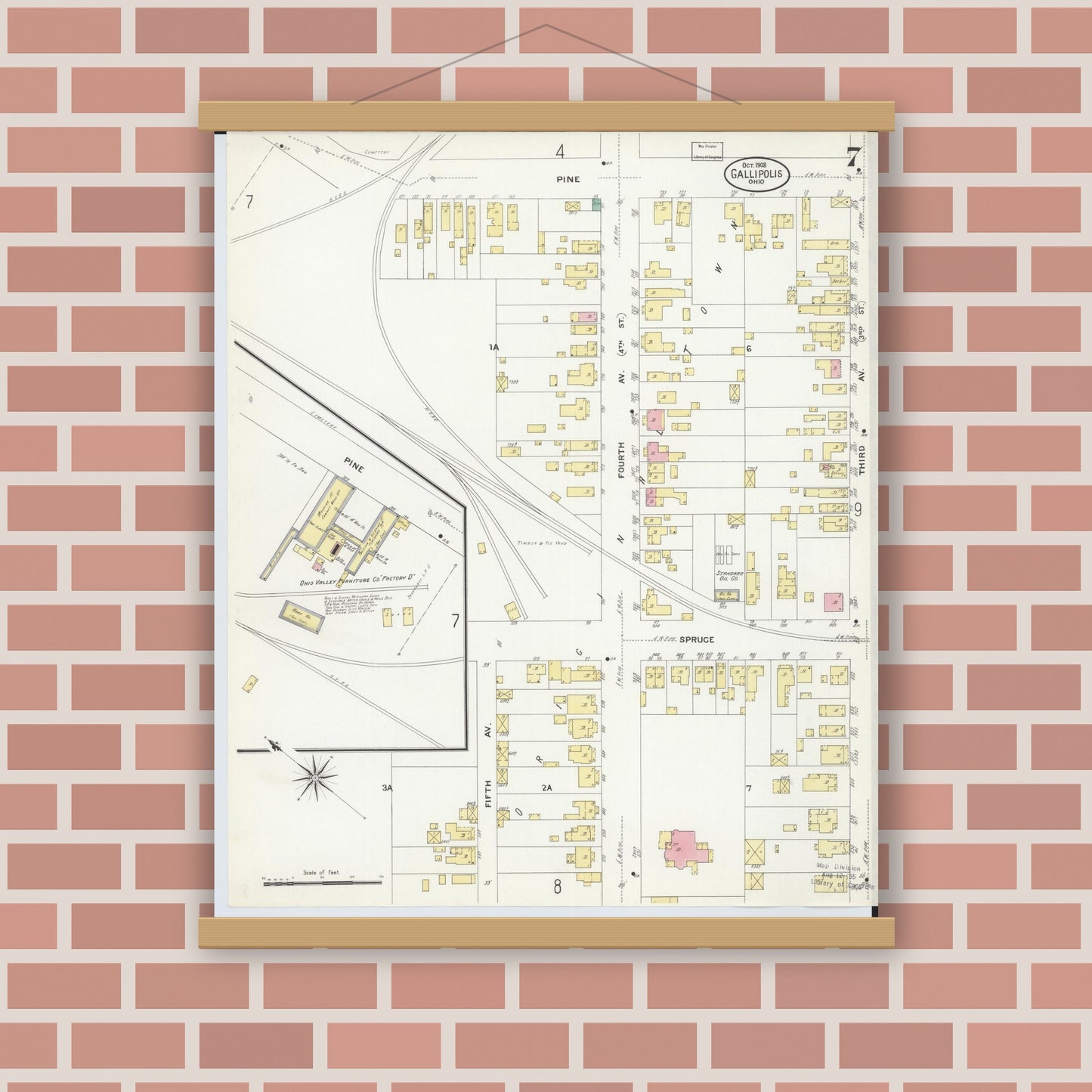Old map wall art mockup — magnetic wood frame on brick wall — Sanborn Fire Insurance Map from Gallipolis, Gallia County, Ohio (1908), Sheet #0007