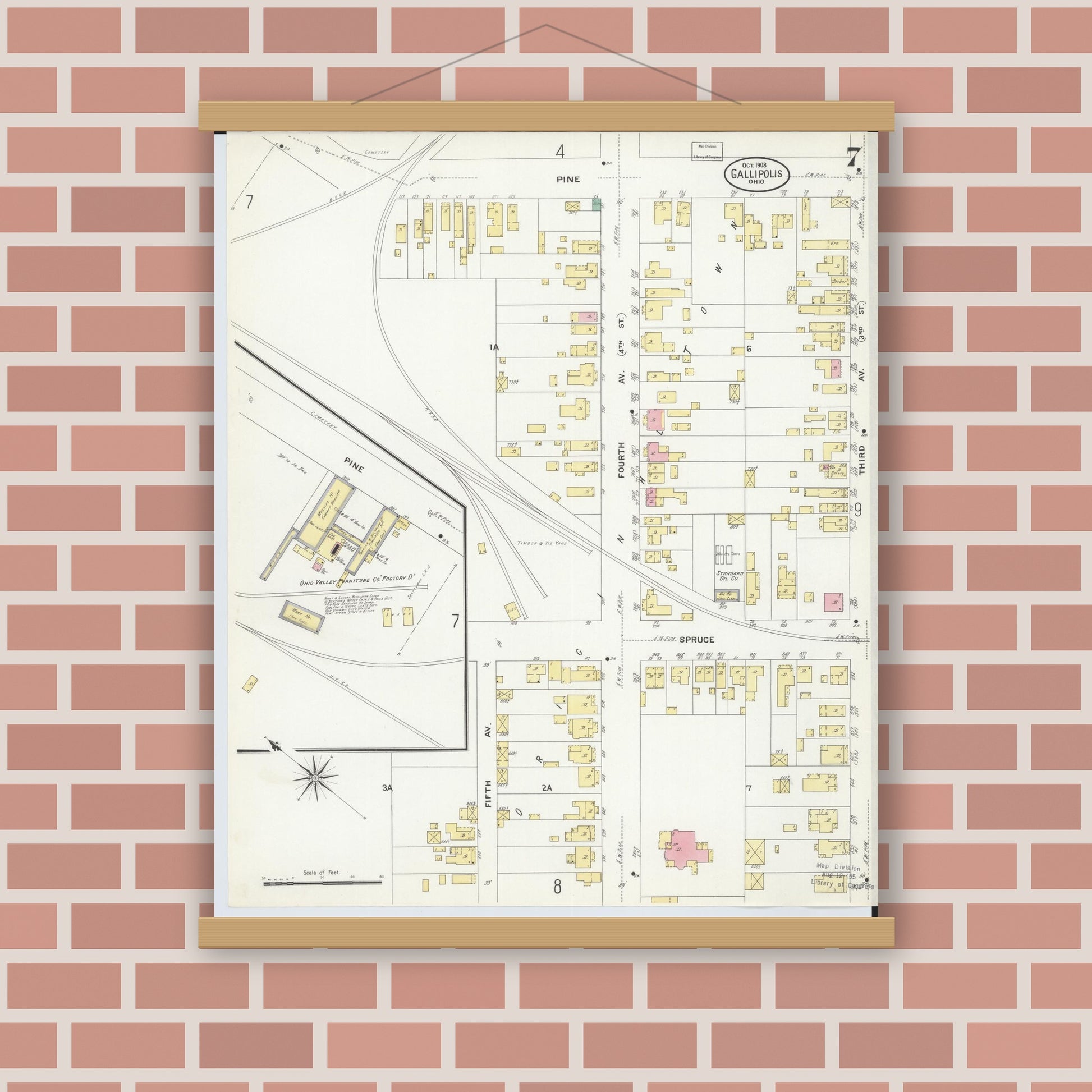 Old map wall art mockup — magnetic wood frame on brick wall — Sanborn Fire Insurance Map from Gallipolis, Gallia County, Ohio (1908), Sheet #0007
