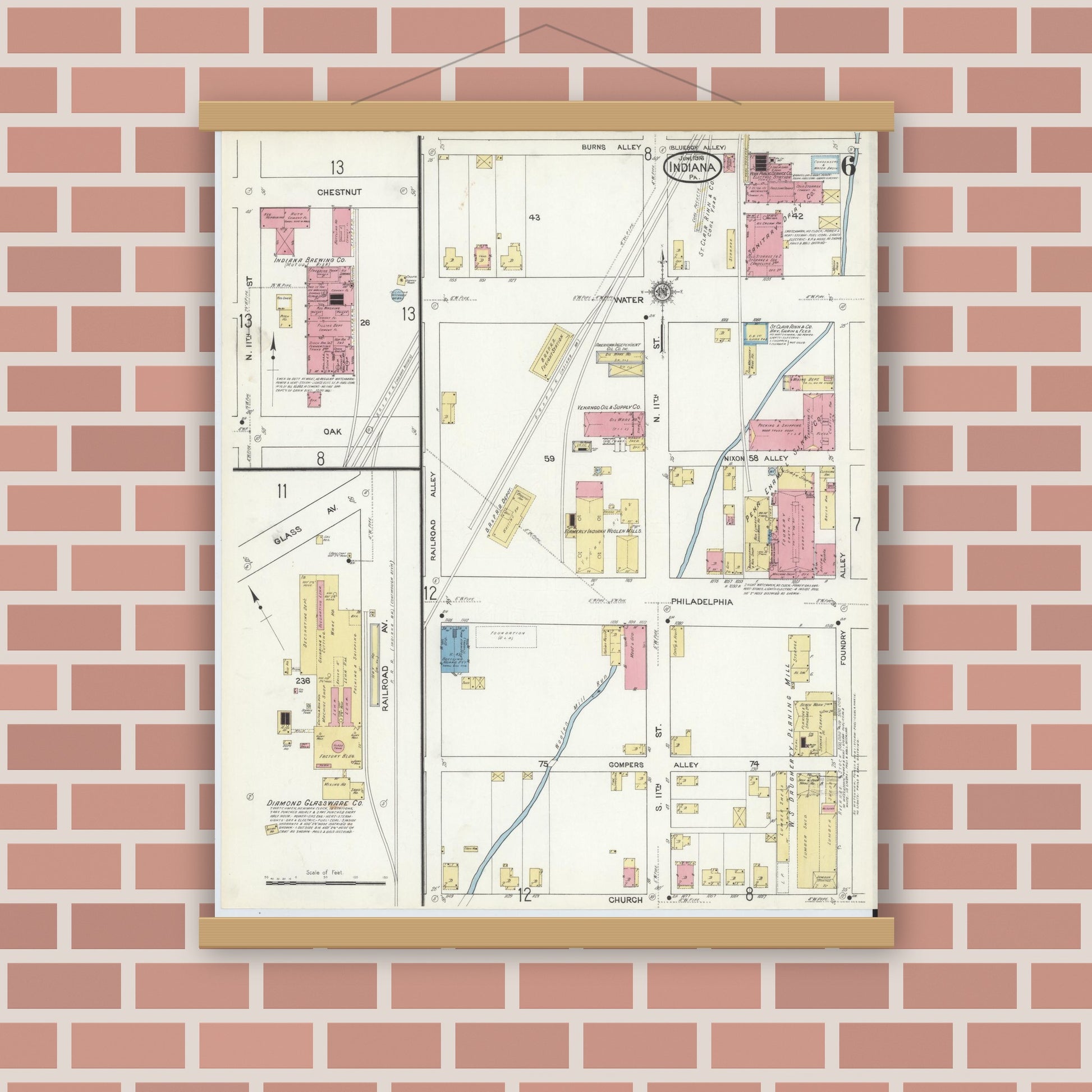 Old map wall art mockup — magnetic wood frame on brick wall — Sanborn Fire Insurance Map from Indiana, Indiana County, Pennsylvania (1916), Sheet #0006