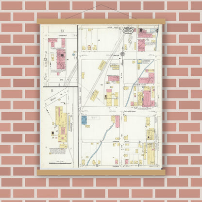 Old map wall art mockup — magnetic wood frame on brick wall — Sanborn Fire Insurance Map from Indiana, Indiana County, Pennsylvania (1916), Sheet #0006
