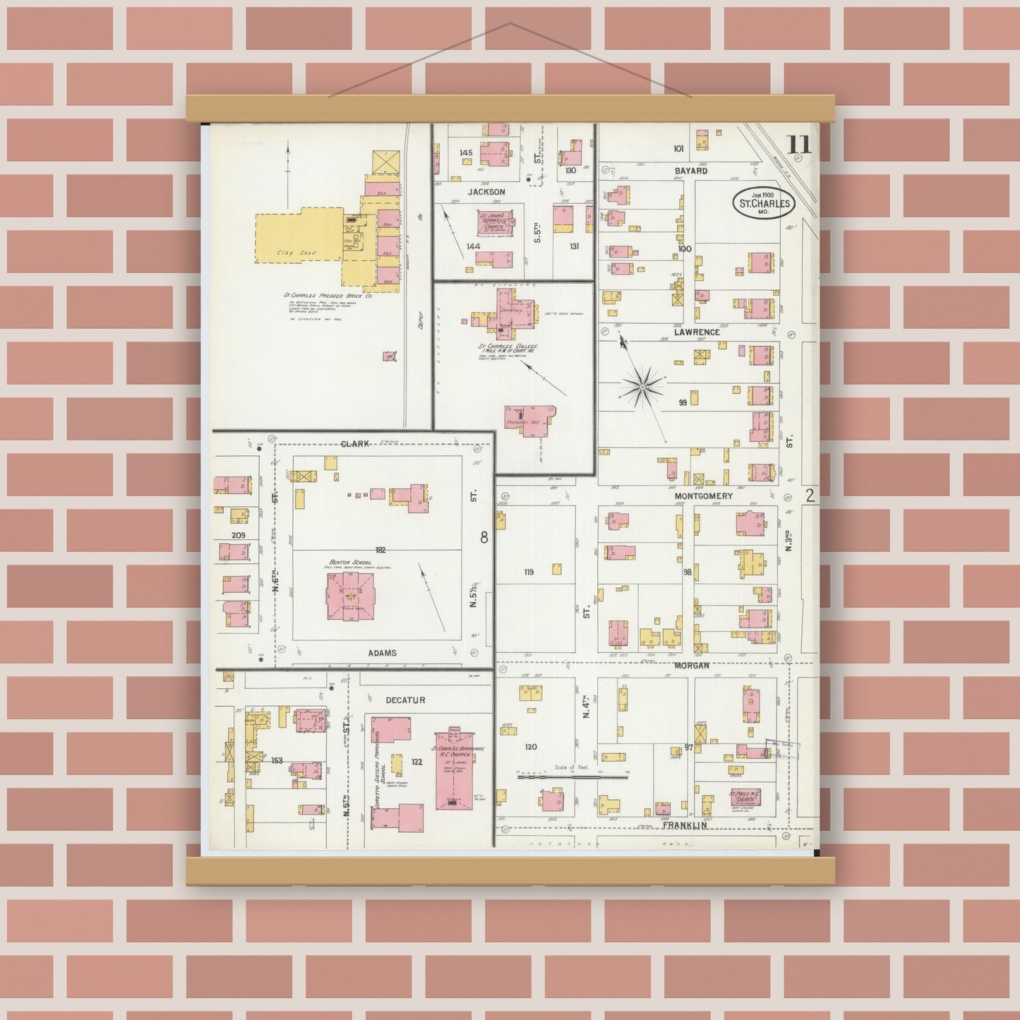 Old map wall art mockup — magnetic wood frame on brick wall — Sanborn Fire Insurance Map from Saint Charles, Saint Charles County, Missouri (1900), Sheet #0011