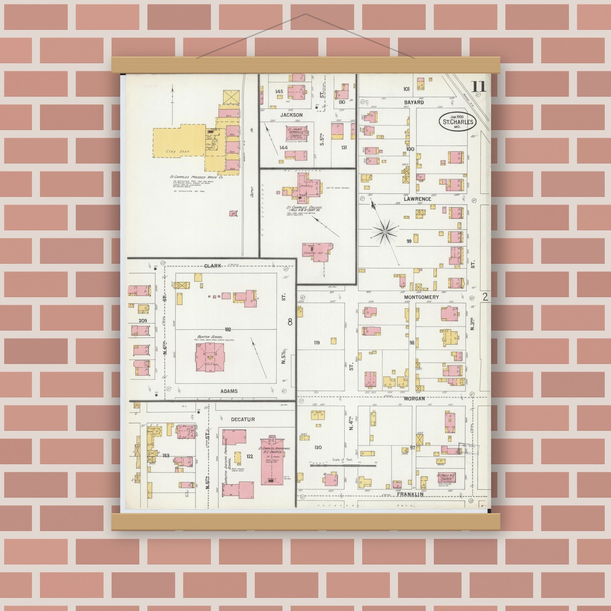 Old map wall art mockup — magnetic wood frame on brick wall — Sanborn Fire Insurance Map from Saint Charles, Saint Charles County, Missouri (1900), Sheet #0011