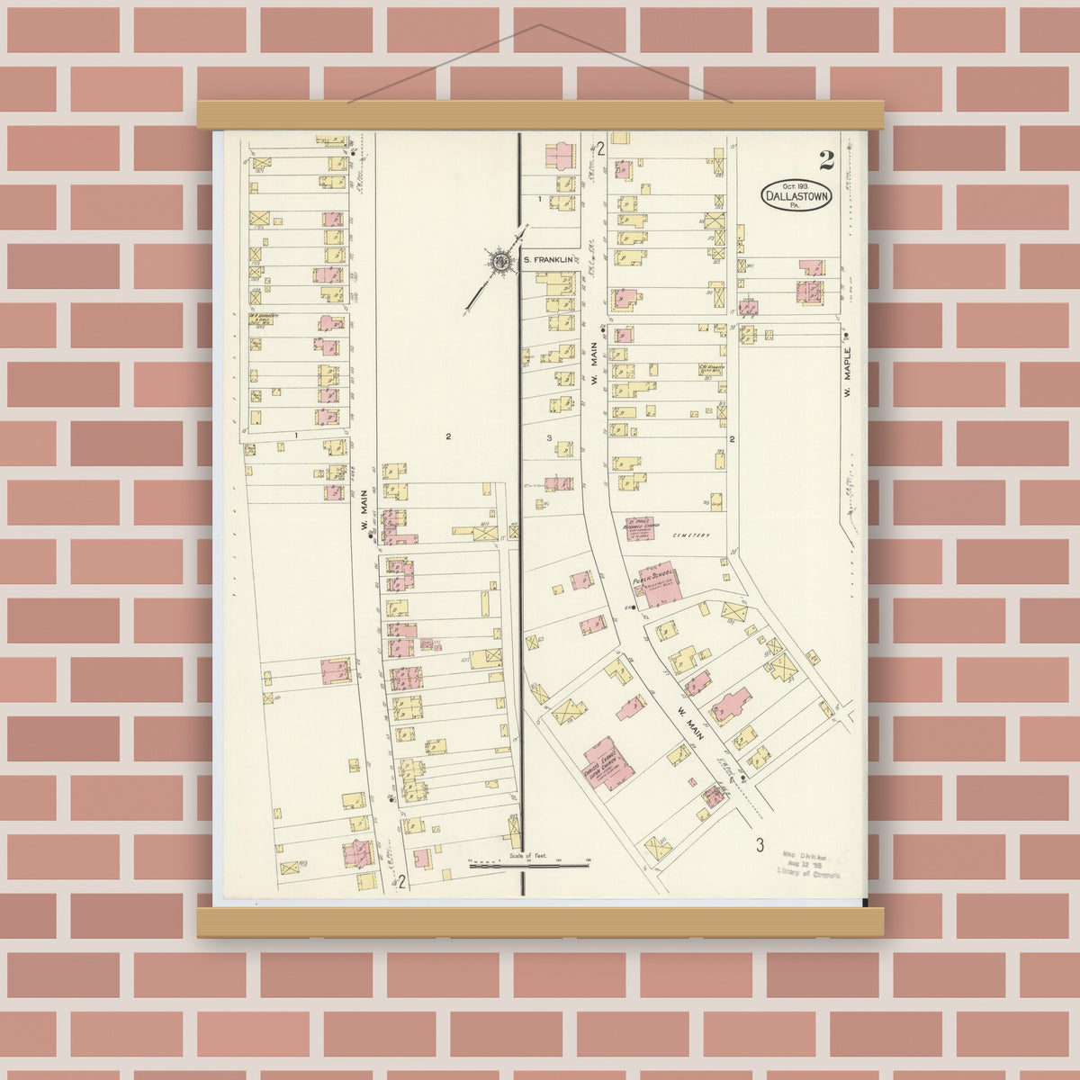 Old map wall art mockup — magnetic wood frame on brick wall — Sanborn Fire Insurance Map from Dallastown, York County, Pennsylvania (1913), Sheet #0002