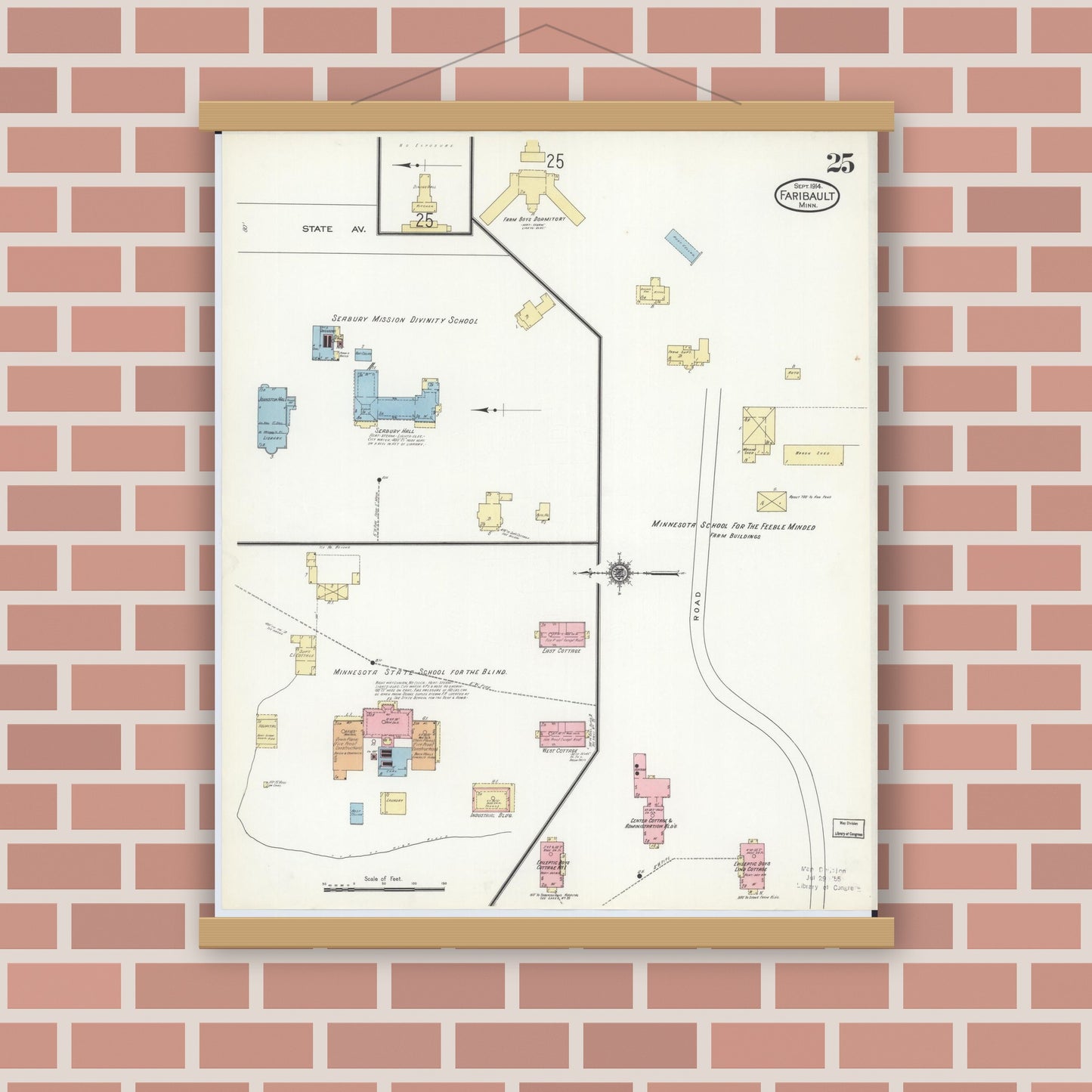 Old map wall art mockup — magnetic wood frame on brick wall — Sanborn Fire Insurance Map from Faribault, Rice County, Minnesota (1914), Sheet #0025