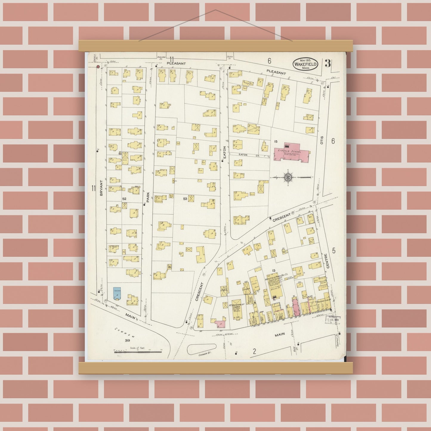 Old map wall art mockup — magnetic wood frame on brick wall — Sanborn Fire Insurance Map from Wakefield, Middlesex County, Massachusetts (1915), Sheet #0003