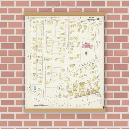 Old map wall art mockup — magnetic wood frame on brick wall — Sanborn Fire Insurance Map from Wakefield, Middlesex County, Massachusetts (1915), Sheet #0003
