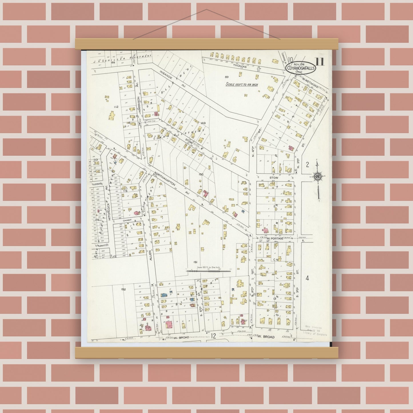 Old map wall art mockup — magnetic wood frame on brick wall — Sanborn Fire Insurance Map from Cuyahoga Falls, Summit County, Ohio (1916), Sheet #0011