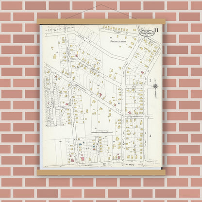 Old map wall art mockup — magnetic wood frame on brick wall — Sanborn Fire Insurance Map from Cuyahoga Falls, Summit County, Ohio (1916), Sheet #0011