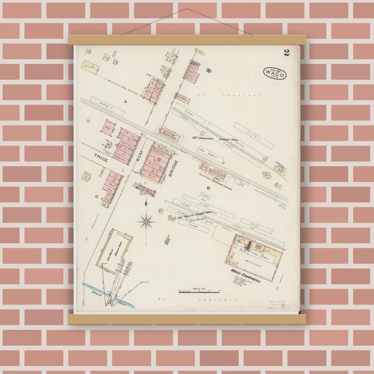 Old map wall art mockup — magnetic wood frame on brick wall — Sanborn Fire Insurance Map from Waco, McLennan County, Texas (1885), Sheet #0002