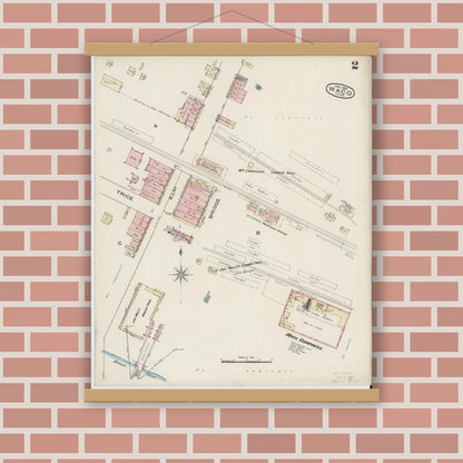 Old map wall art mockup — magnetic wood frame on brick wall — Sanborn Fire Insurance Map from Waco, McLennan County, Texas (1885), Sheet #0002