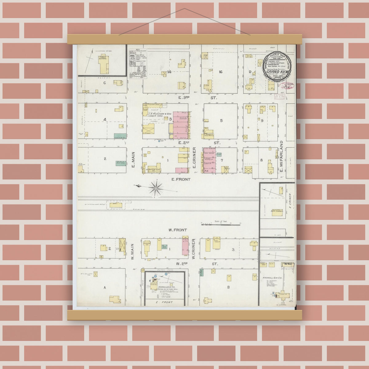 Old map wall art mockup — magnetic wood frame on brick wall — Sanborn Fire Insurance Map from Grandview, Johnson County, Texas (1893), Sheet #0001