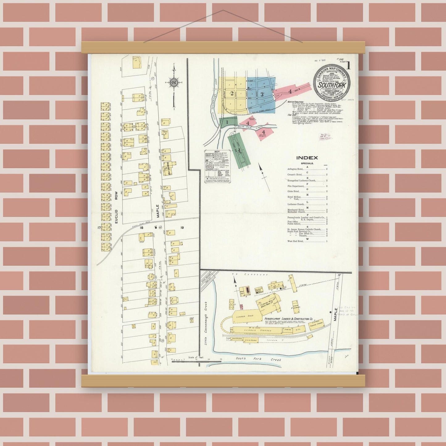 Old map wall art mockup — magnetic wood frame on brick wall — Sanborn Fire Insurance Map from South Fork, Cambria County, Pennsylvania (1910) - Complete Map Set