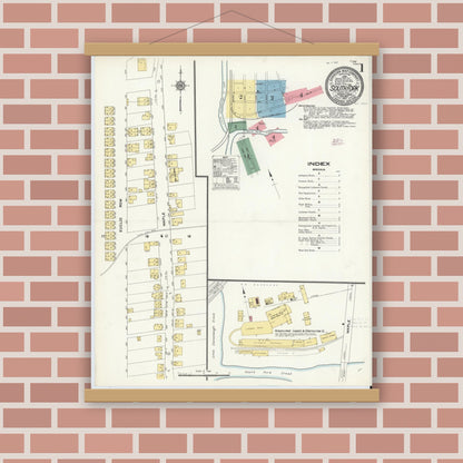 Old map wall art mockup — magnetic wood frame on brick wall — Sanborn Fire Insurance Map from South Fork, Cambria County, Pennsylvania (1910) - Complete Map Set