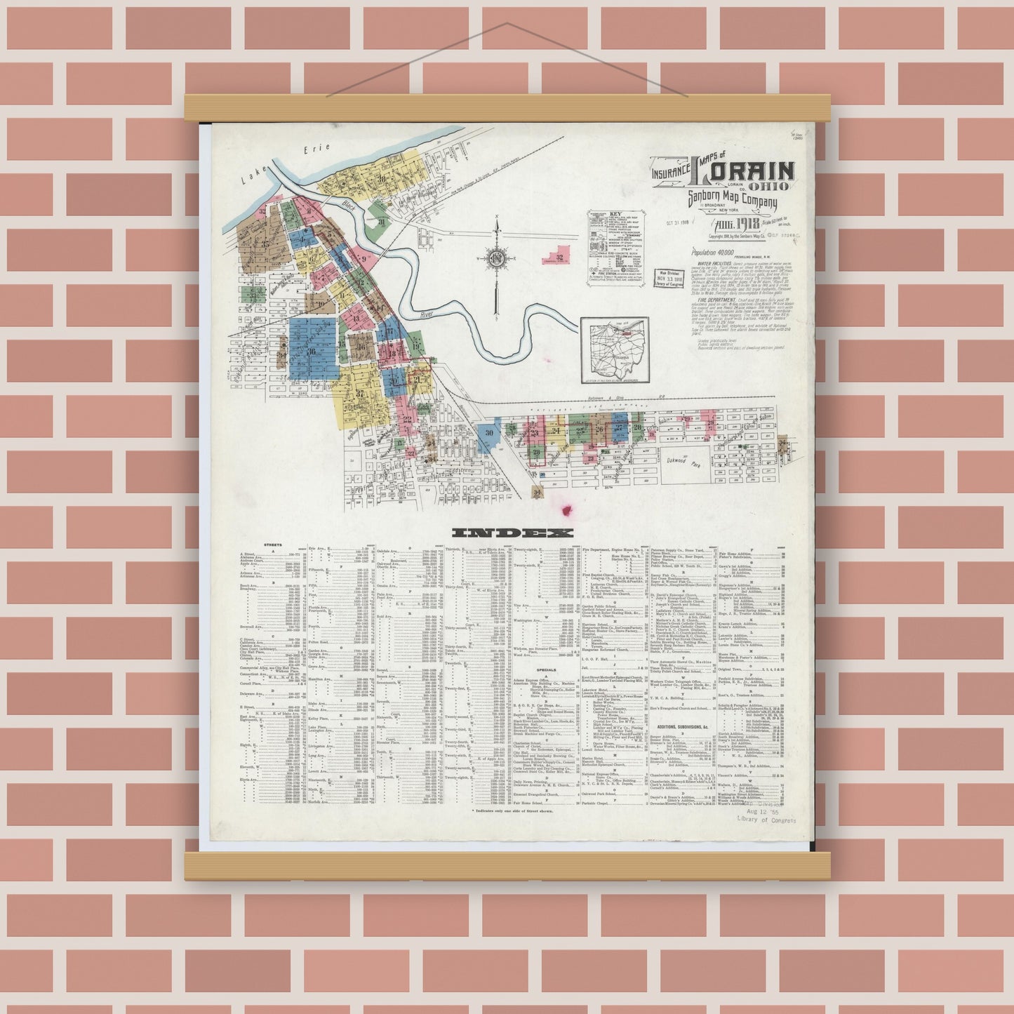 Old map wall art mockup — magnetic wood frame on brick wall — Sanborn Fire Insurance Map from Lorain, Lorain County, Ohio (1918) - Complete Map Set