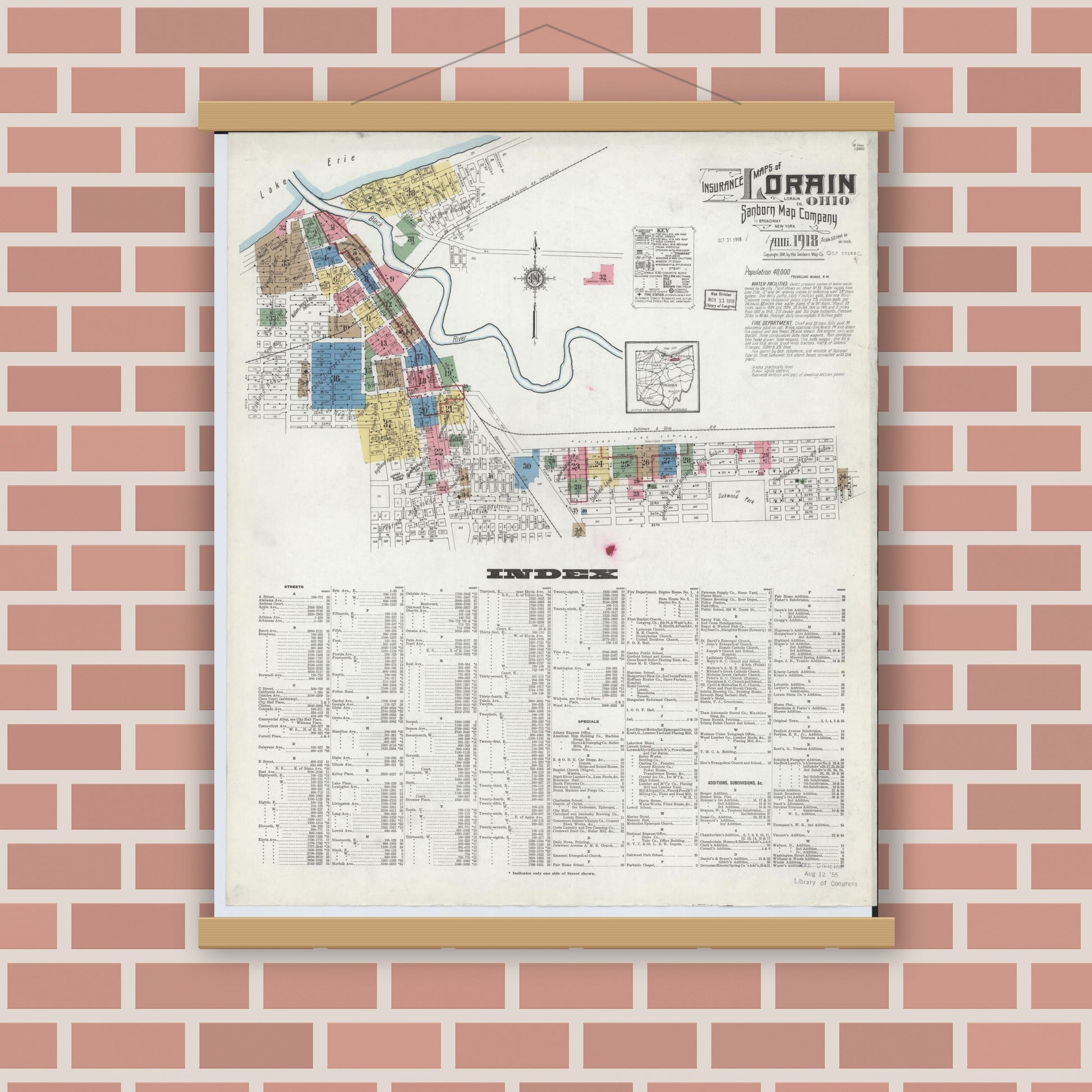 Old map wall art mockup — magnetic wood frame on brick wall — Sanborn Fire Insurance Map from Lorain, Lorain County, Ohio (1918) - Complete Map Set