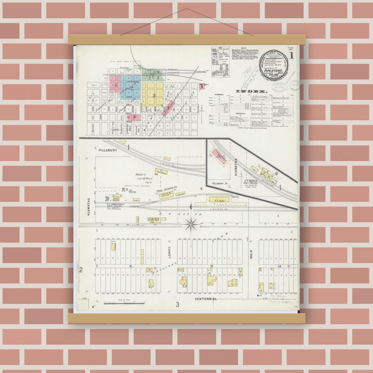 Old map wall art mockup — magnetic wood frame on brick wall — Sanborn Fire Insurance Map from Pipestone, Pipestone County, Minnesota (1898), Sheet #0001