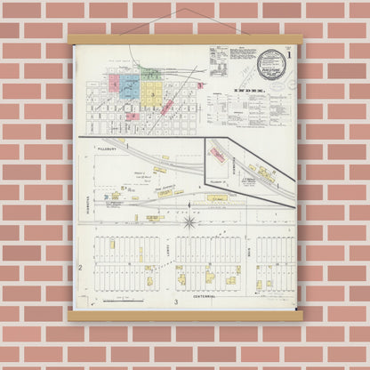 Old map wall art mockup — magnetic wood frame on brick wall — Sanborn Fire Insurance Map from Pipestone, Pipestone County, Minnesota (1898), Sheet #0001