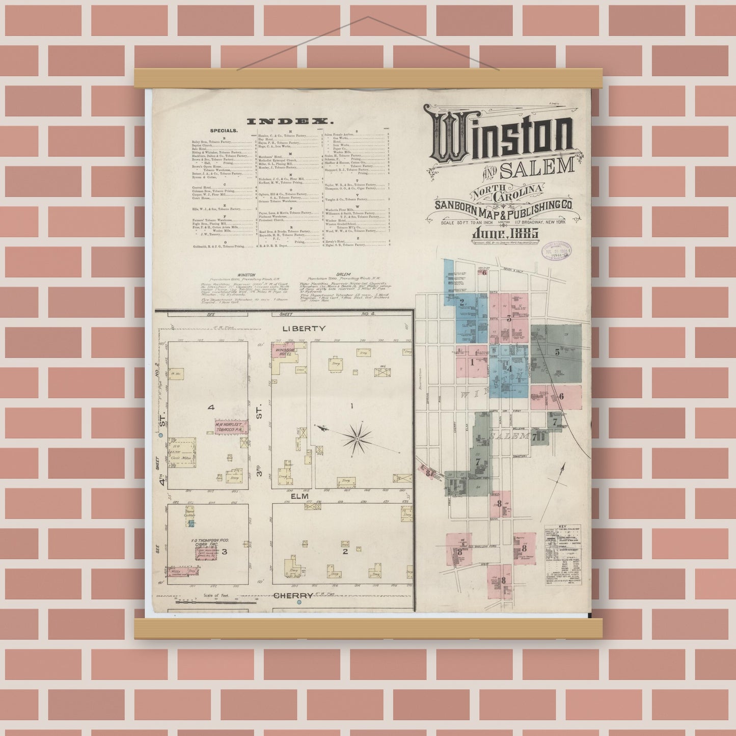 Old map wall art mockup — magnetic wood frame on brick wall — Sanborn Fire Insurance Map from Winston-Salem, Forsyth County, North Carolina (1885), Sheet #0001