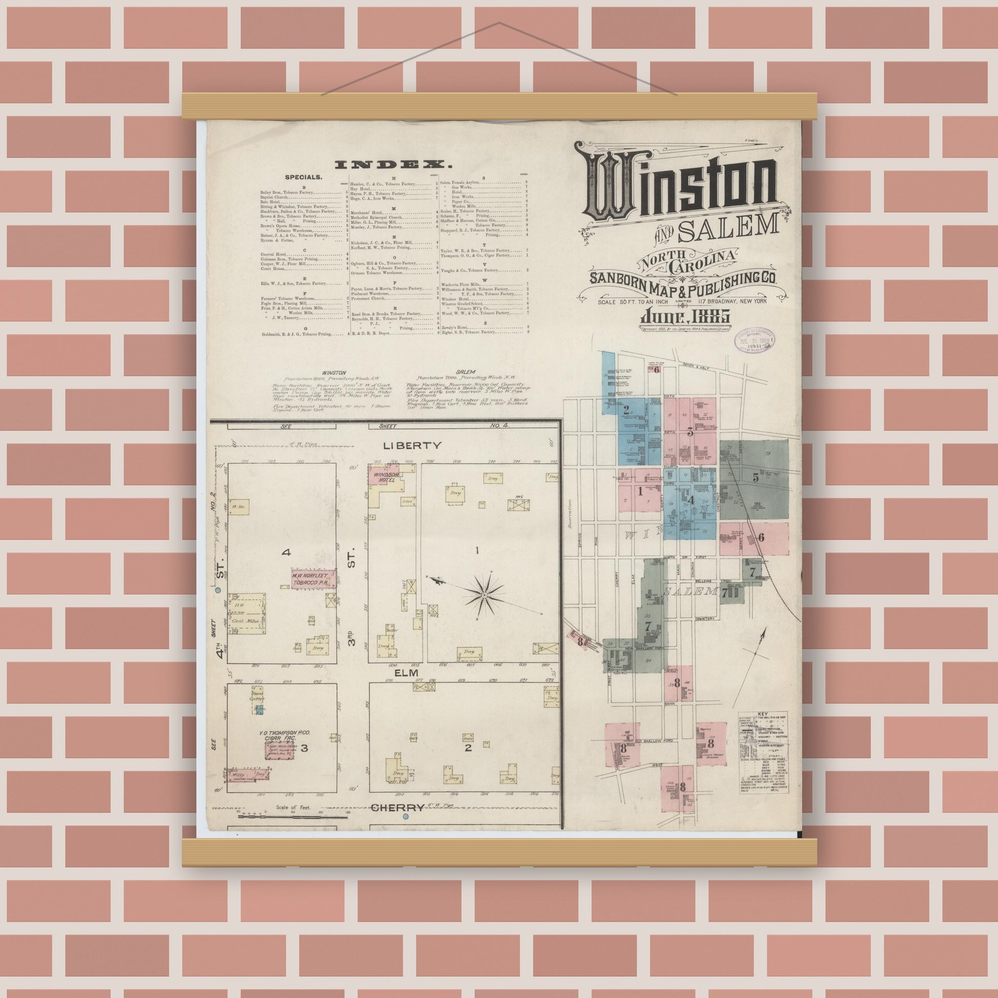 Old map wall art mockup — magnetic wood frame on brick wall — Sanborn Fire Insurance Map from Winston-Salem, Forsyth County, North Carolina (1885), Sheet #0001