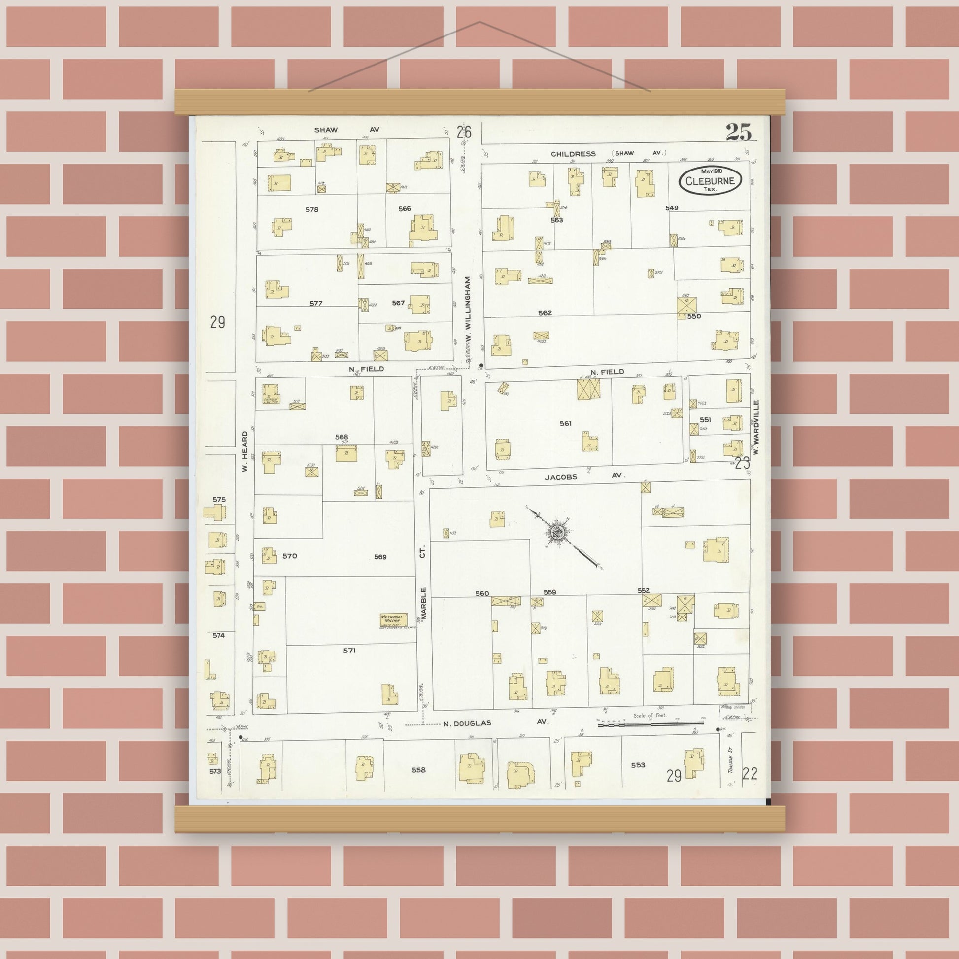 Old map wall art mockup — magnetic wood frame on brick wall — Sanborn Fire Insurance Map from Cleburne, Johnson County, Texas (1910), Sheet #0025